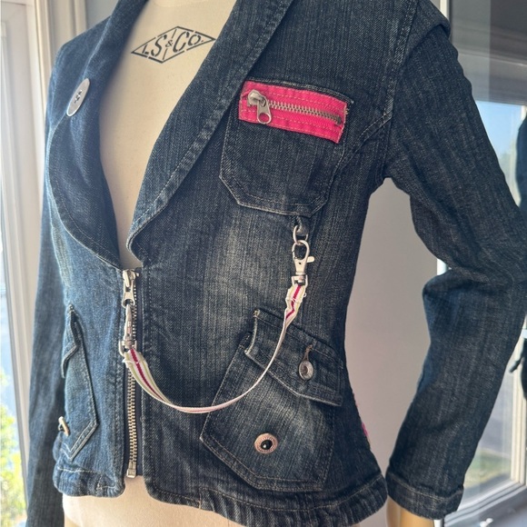 Triple Five Soul Denim Jacket with Pink Accents Ptp 16” length 18” - Picture 2 of 10